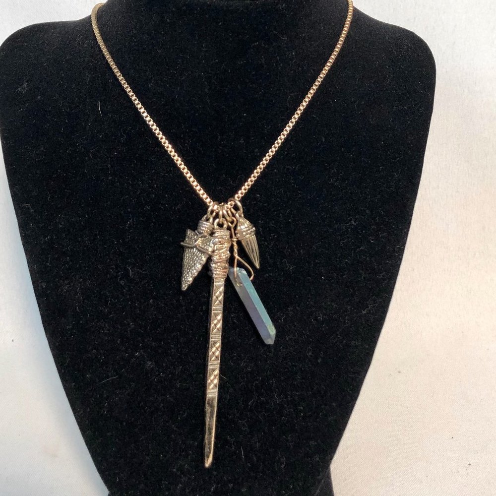 Unique long gold necklace with 4 charms, COOL!
